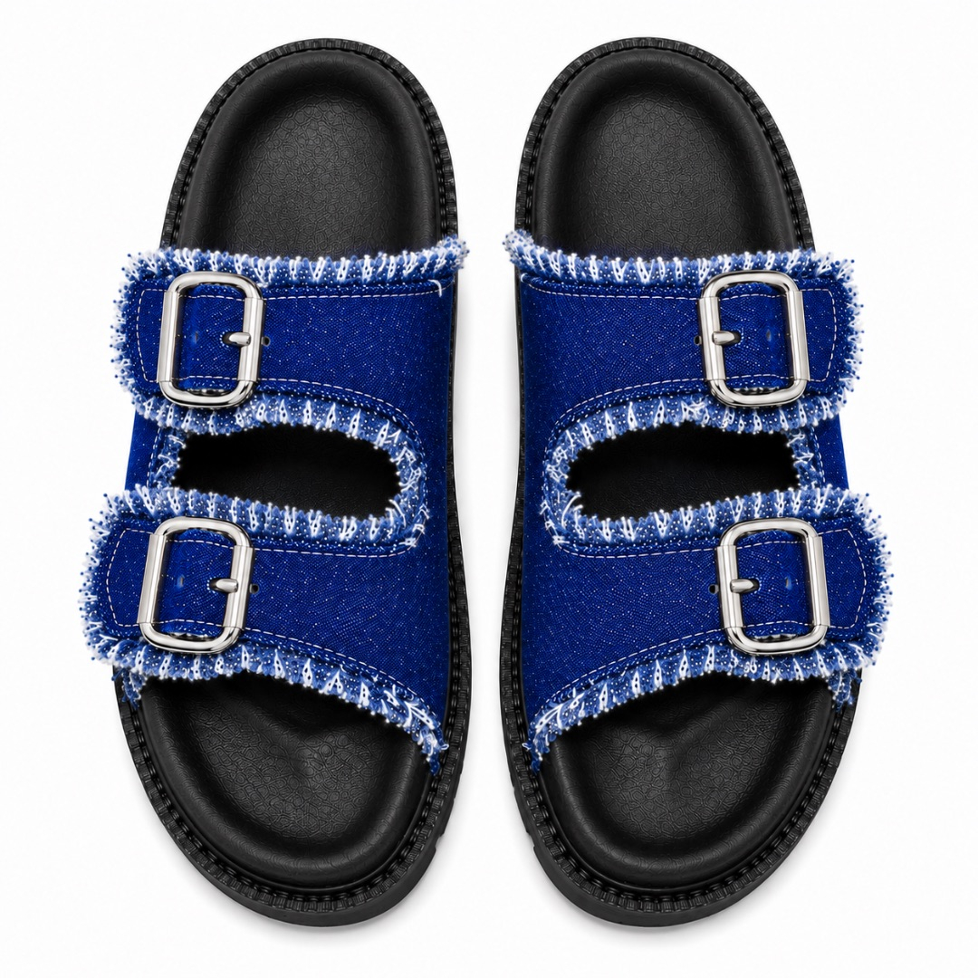 Frayed Dark Blue Denim Double Buckle Slide Sandals
